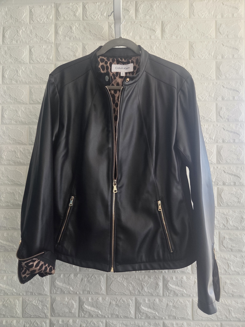 Calvin Klein Women's Black Faux Leather Zip Jacket With Leopard Lining